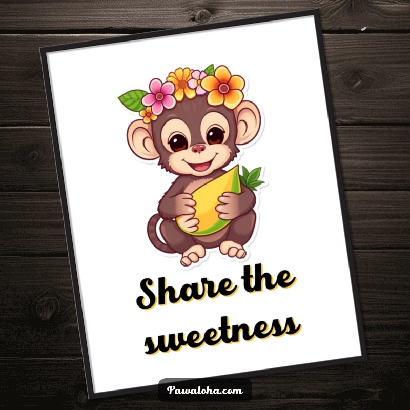 Funny digital art print of a charming monkey adorned with a flower crown, offering a tropical fruit, perfect for instant cheerful jungle wall decor.