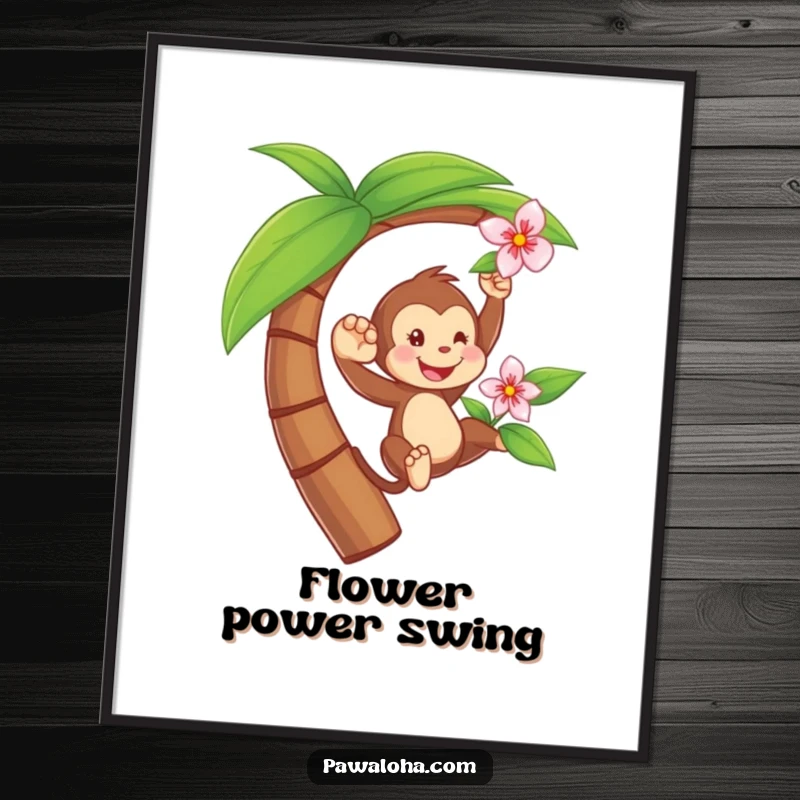 Funny digital art print of a playful monkey swinging from a palm tree holding a flower, a lively jungle-themed illustration.