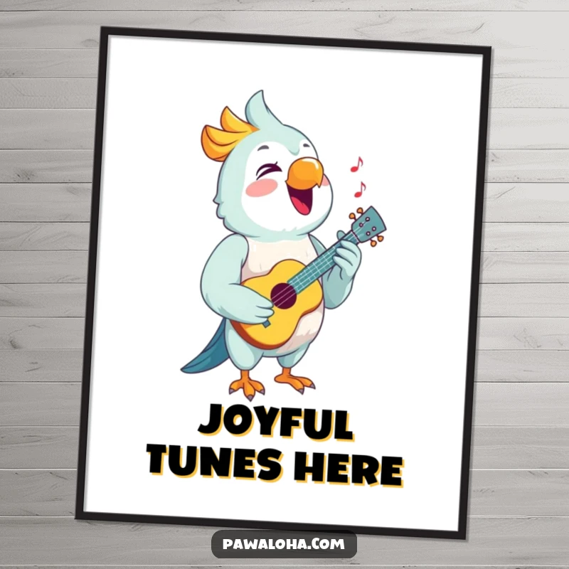 Funny Parrot Digital Art of a parrot joyfully singing with a tiny ukulele, radiating musical happiness and color.