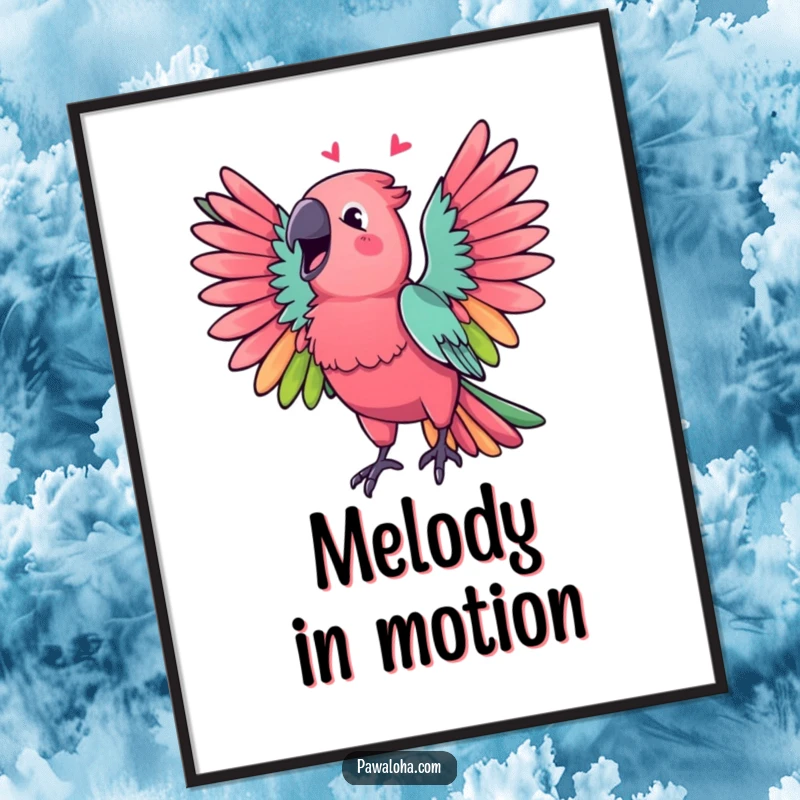 Funny Parrot Digital Art Print of a vibrant parrot with wings spread, singing a cheerful melody, colorful and lively.