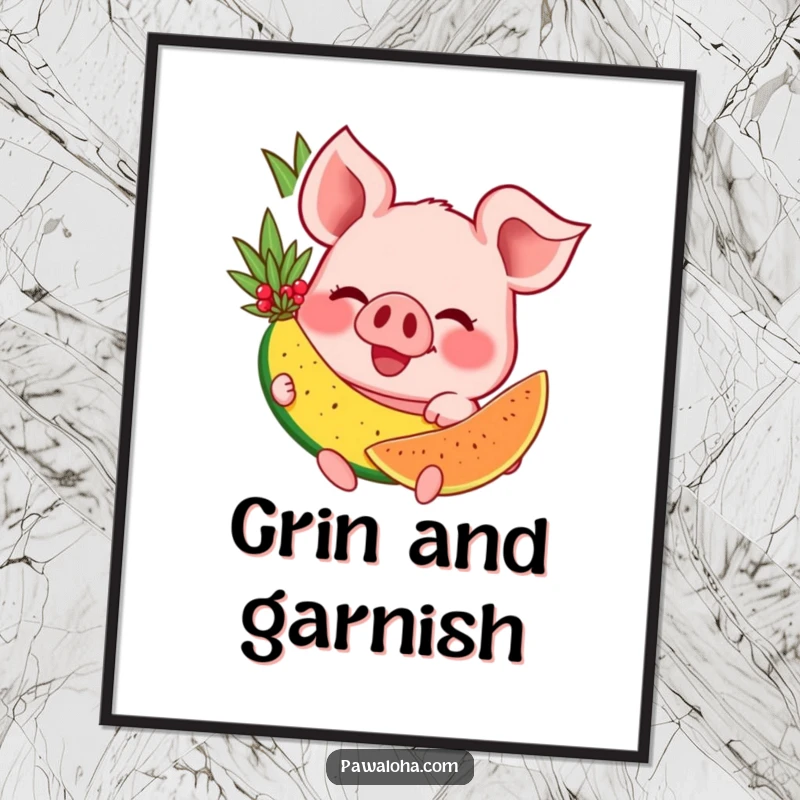 Funny digital art of a happy pig character with a wide grin, savoring a delicious tropical fruit, perfect for instant decor.