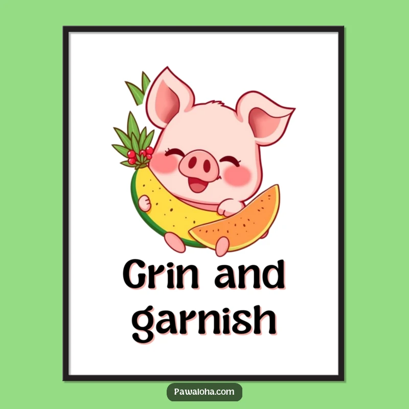 Funny Pig Paradise Digital Print: Happy Swine Grinning with Tropical Fruit, Instant Funny Gift