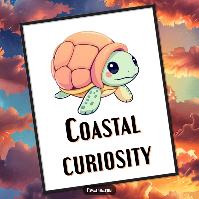 Funny sea turtle character curiously inspecting a seashell, presented as a digital art print for serene ocean decor.