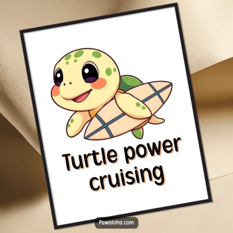 Funny Sea Turtle Surf Digital Art Print: A high-res image of a happy sea turtle with a surfboard, perfect for funny, beach-themed wall art.