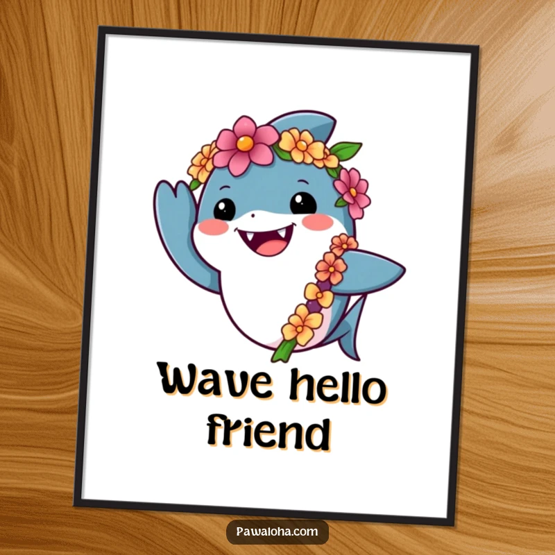 Funny shark digital art print showing a friendly shark wearing a lei and waving cheerfully, perfect for bringing ocean vibes indoors.