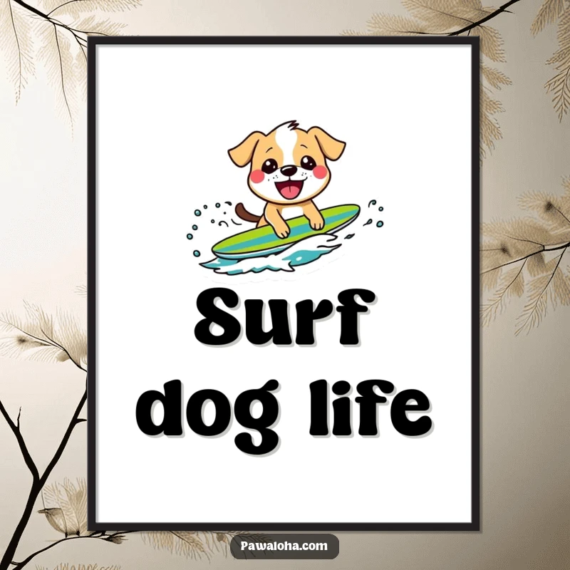 Funny digital art print of a grinning dog character riding a wave, a dynamic and humorous illustration for beach lovers.