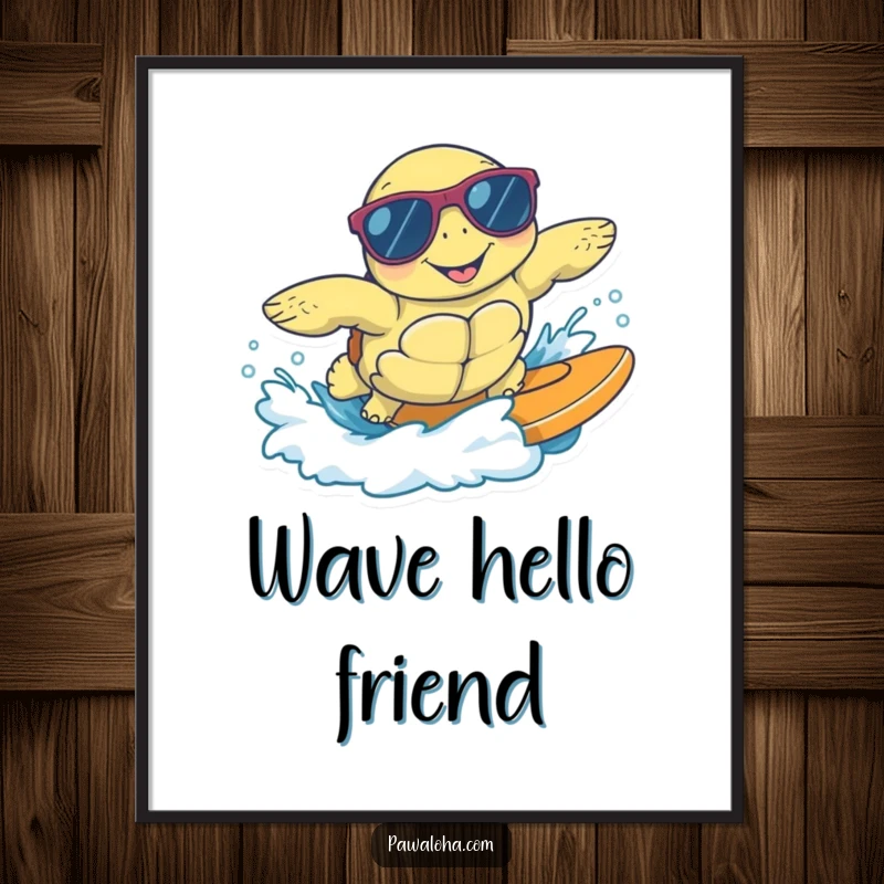 Funny digital art print of a happy sea turtle wearing sunglasses, surfing a gentle wave, perfect for instant cool beach wall decor.