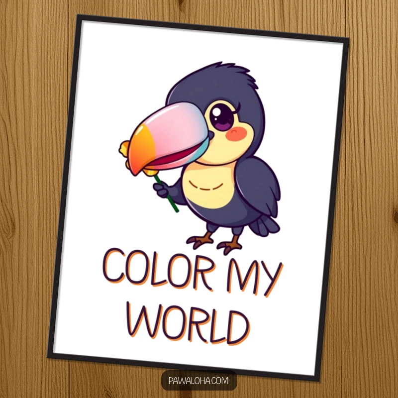 Funny Toucan Digital Art Print of a cheerful toucan with a vibrantly colored beak, offering a flower petal.