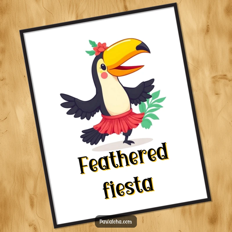 Funny toucan character in a hula skirt dancing joyfully, presented as a digital art print for vibrant home decor.