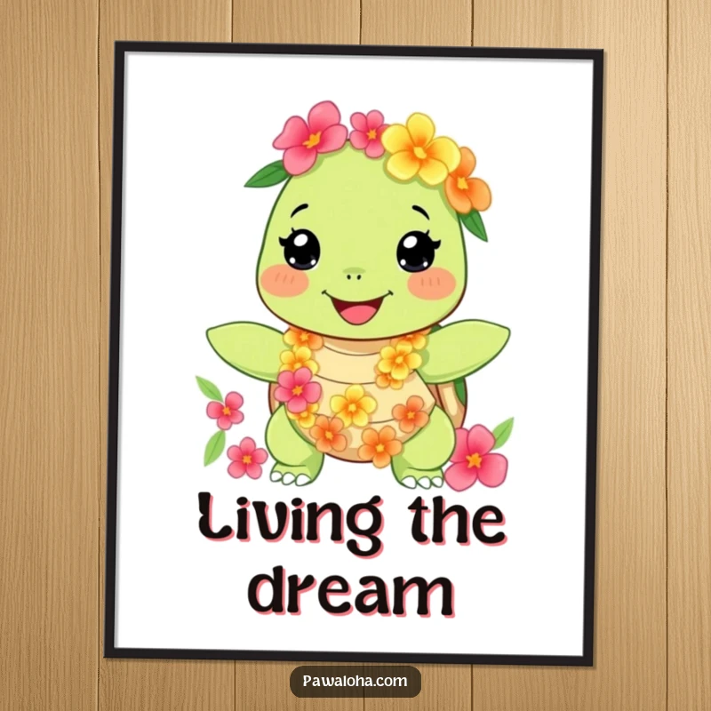Funny turtle digital art print of a happy character with a floral lei, offering humorous and tropical decor. Great gift.