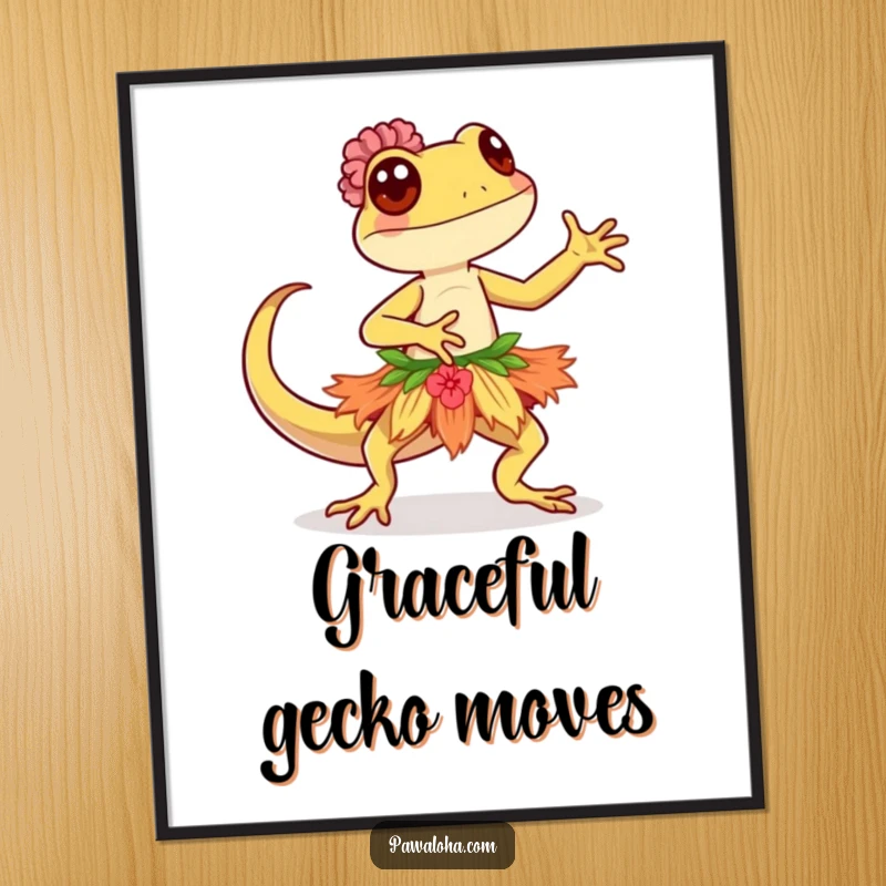 Funny Kawaii gecko character in a hula skirt, dancing gracefully, available as a high-resolution digital art download.