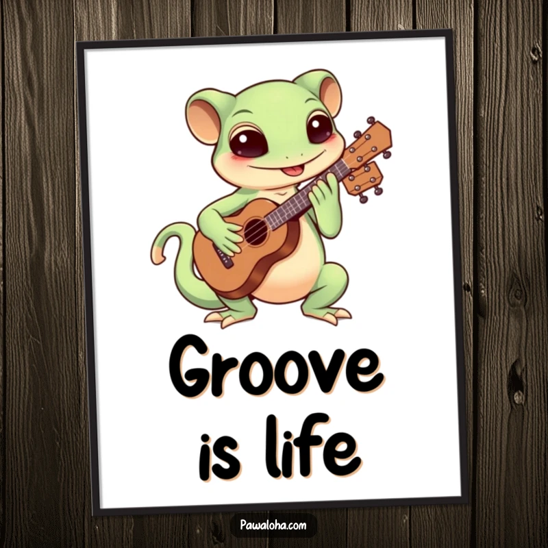 Funny Kawaii gecko playing a ukulele with enthusiasm on a digital art print, perfect for screensavers.
