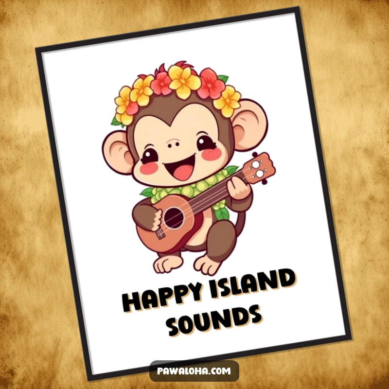 Funny Kawaii monkey digital art print depicting a happy character in a lei playing a ukulele, ideal for humorous tropical decor.