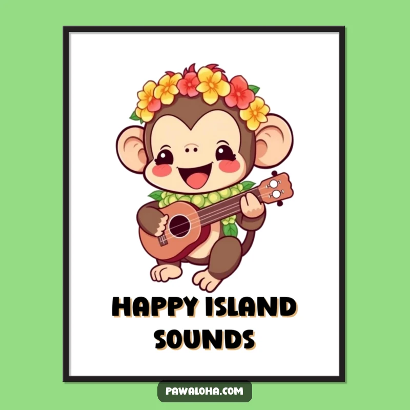 Funny Kawaii Monkey Digital Art: Ukulele Player, Humorous Tropical Print