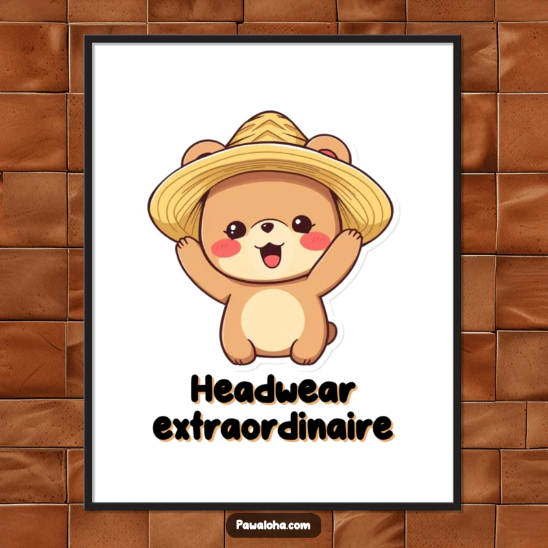 Funny digital art of a delighted bear character happily wearing a straw hat, perfect for cheerful wall decor.
