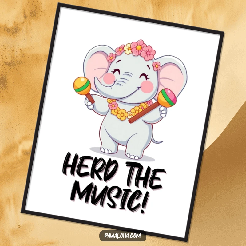 Funny Elephant Fiesta Digital Art print of a joyful elephant character wearing a flower garland and shaking maracas. Festive and cheerful.
