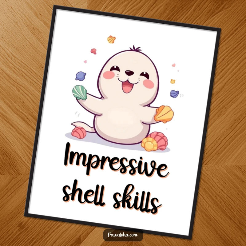 Funny digital art print of a playful seal with a beaming smile, juggling colorful seashells, perfect for instant cheerful marine wall decor.