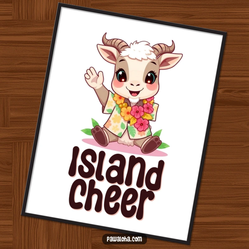 Funny digital art print of a goat wearing an Aloha shirt and lei, cheering happily.