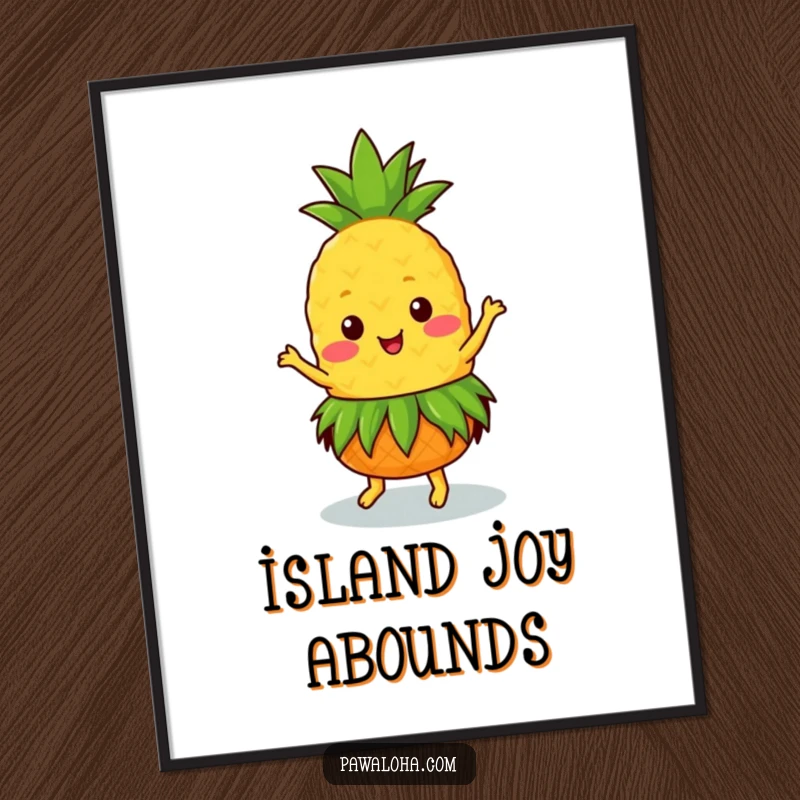 Funny Kawaii pineapple wearing a grass skirt, dancing joyfully on a digital art print, perfect for screensavers.