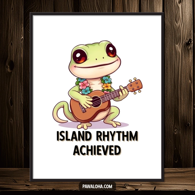 Funny Gecko Digital Art Print: a smiling gecko playing a ukulele, humorous downloadable wall art.