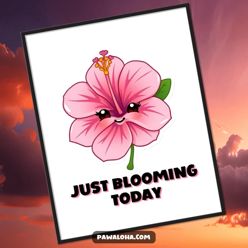 Funny hibiscus flower digital art print featuring a character with a sweet, friendly smile, ideal for instant cheerful home decor.