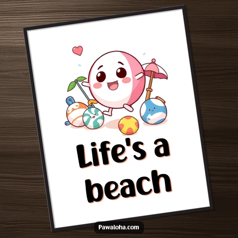 Funny beach ball digital art print of a playful character bouncing with beach toys, perfect for vibrant, sunny printable wall art.