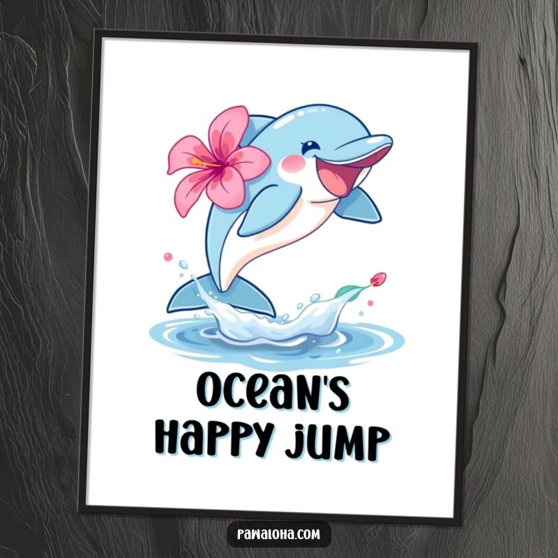 Funny dolphin character digital art print leaping joyfully out of the water with a hibiscus, ideal for coastal decor.