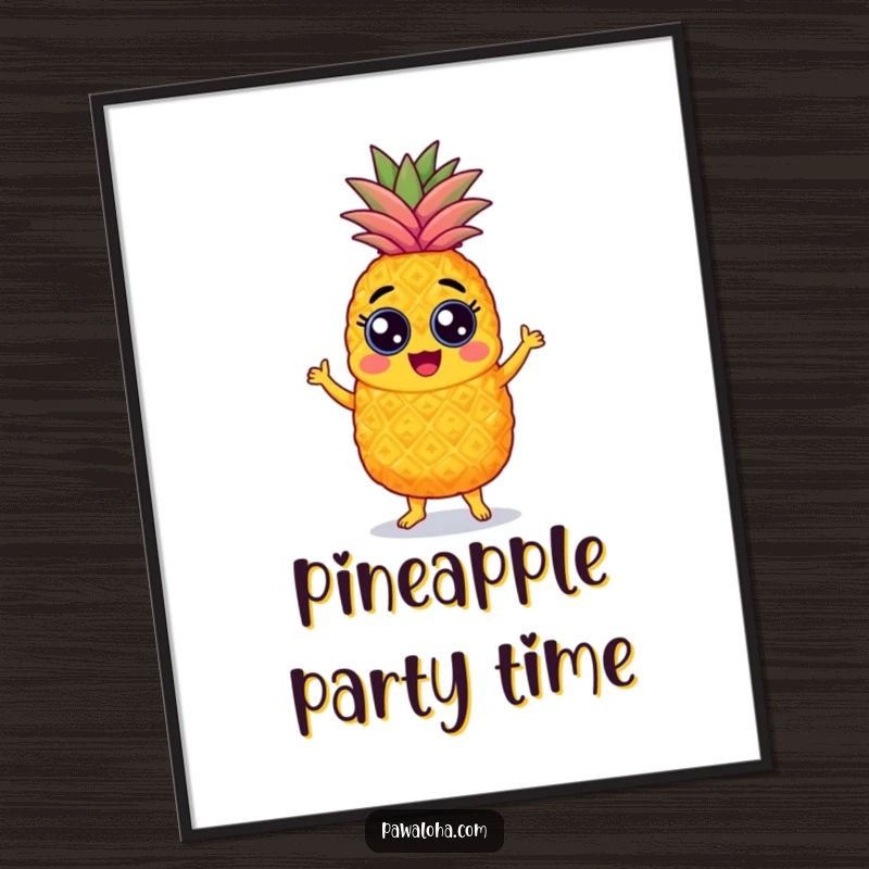 Funny pineapple digital art print featuring a googly-eyed character energetically dancing the samba, high quality download.