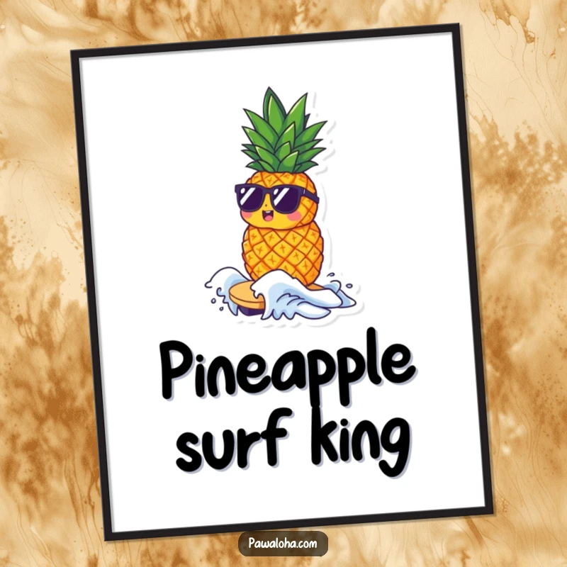 Funny digital art print of a small pineapple character wearing sunglasses, confidently riding a tiny wave.