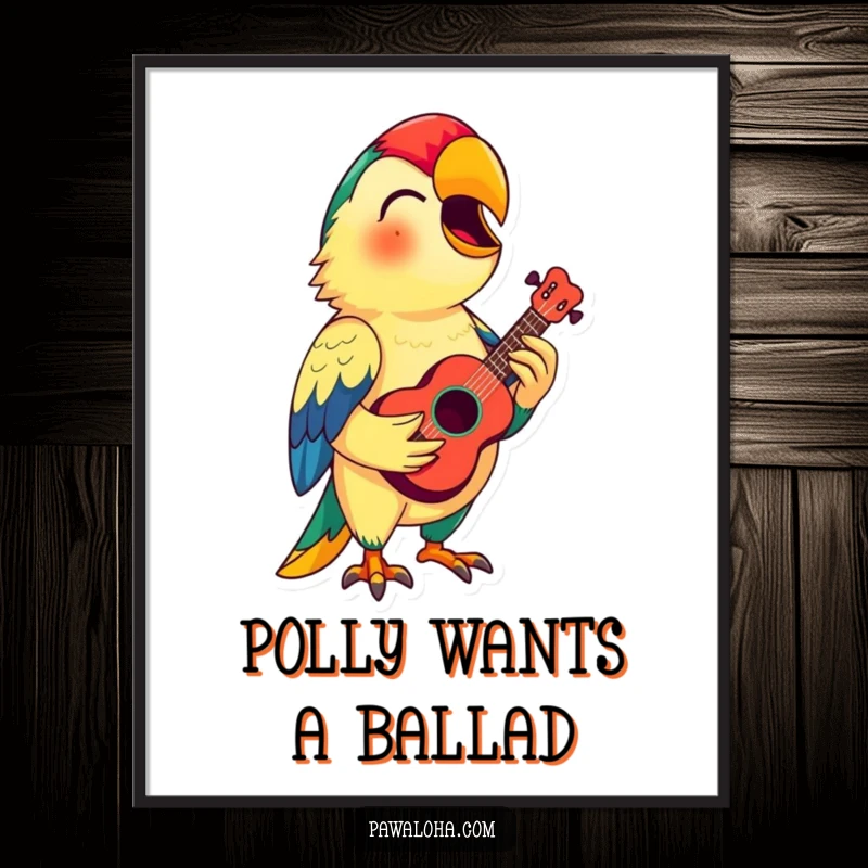Funny Parrot Ukulele Digital Art Print: A high-quality image of a colorful parrot singing with a ukulele, perfect for funny, tropical wall art.