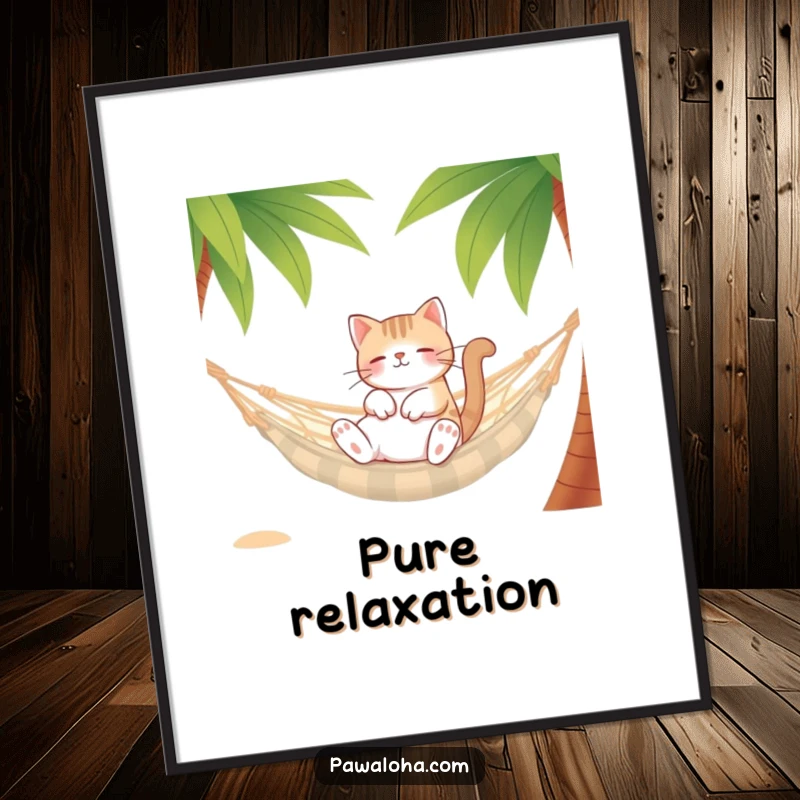Funny Cat Hammock Digital Art print of a relaxed cat character in a hammock between palm trees. Serene and humorous wall decor.