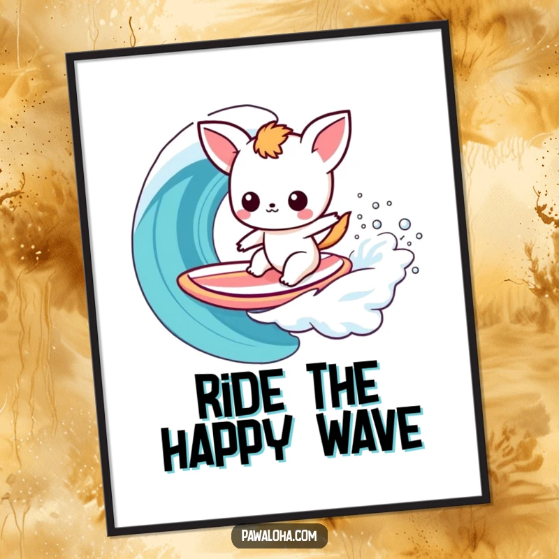 Funny Kawaii Surfer Animal Digital Art Print: Cute cartoon character riding a surfboard on a vibrant rainbow wave, ready for instant download.