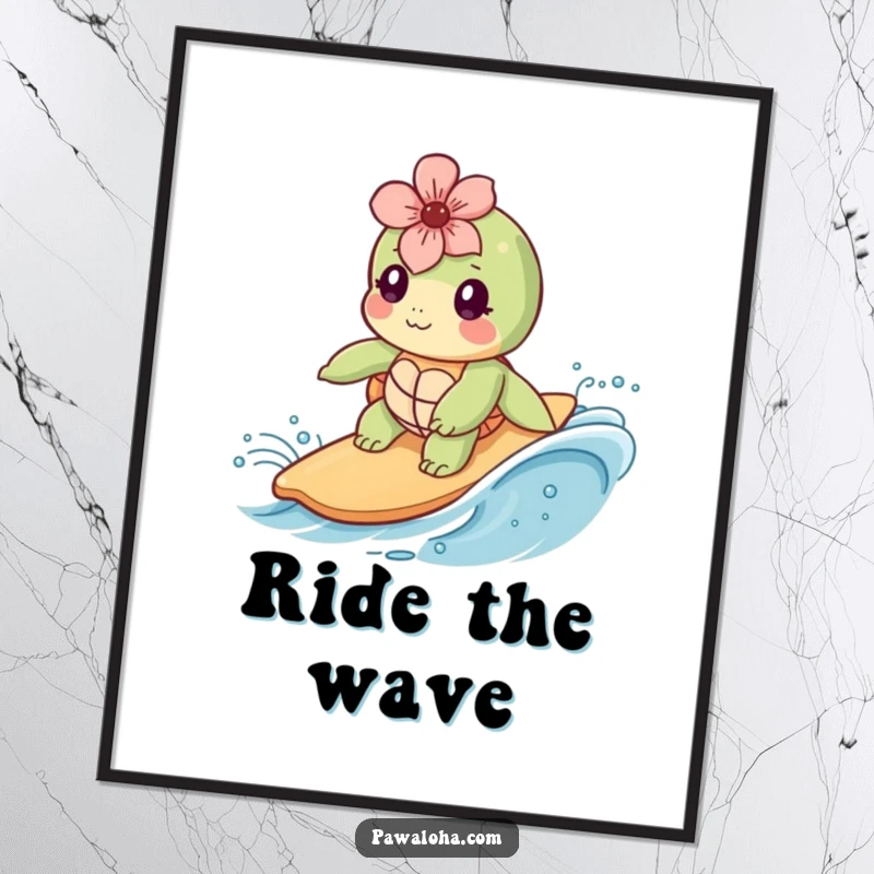 Funny Kawaii sea turtle wearing a flower, joyfully surfing a gentle wave, available as a high-resolution digital art download.