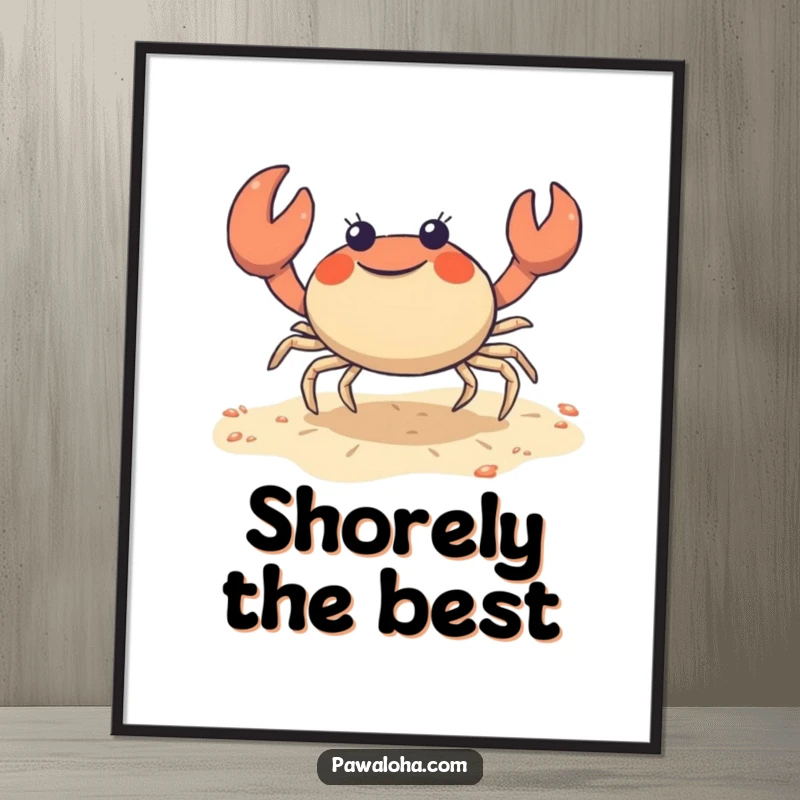 Funny crab digital art print of a cute character joyfully doing a sideways shuffle on the sand, perfect for beach-themed printable art.