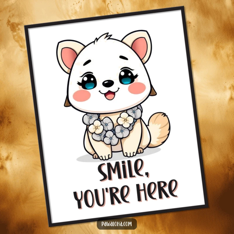 Funny Kawaii Aloha Animal Digital Art Print: Adorable cartoon character with a lei, smiling brightly, ready for instant download and display.