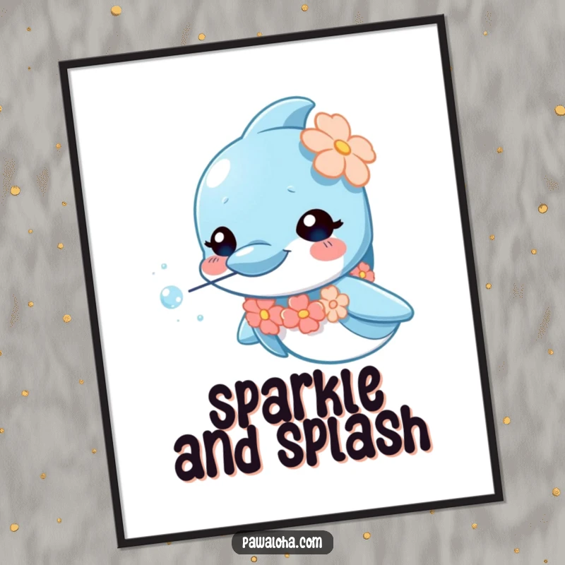 Funny dolphin digital art print featuring a curious character in a lei, blowing shimmering sparkly bubbles, high quality download.