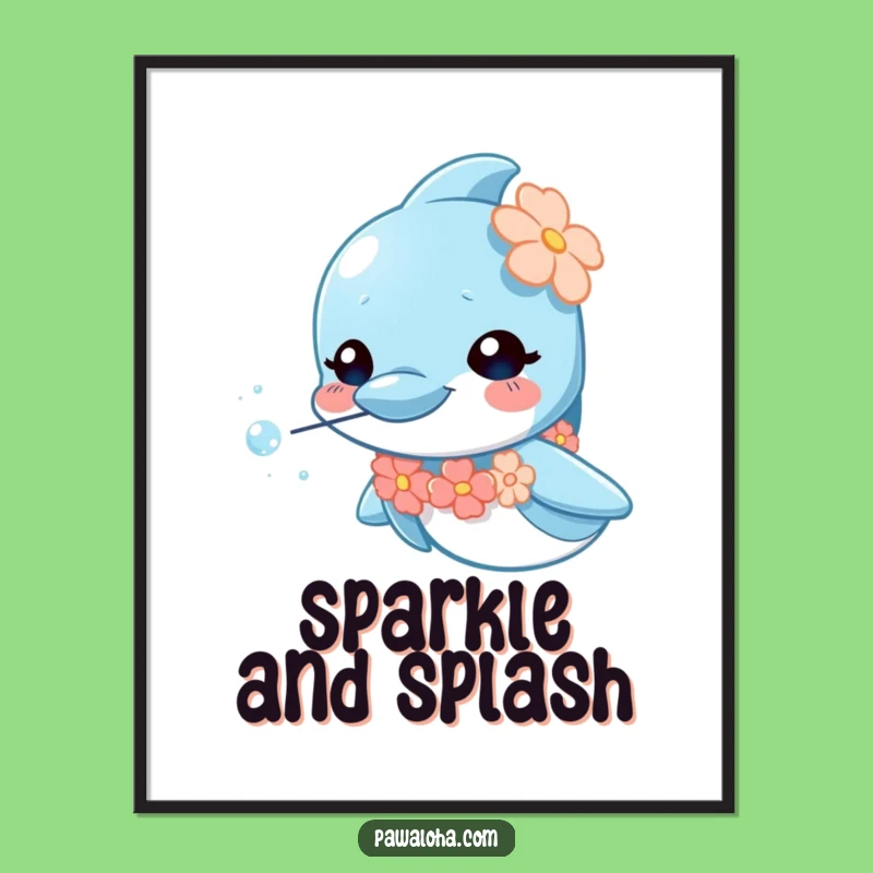 Funny Dolphin Lei Digital Art: High-resolution download of a curious dolphin blowing bubbles, a unique funny gift.