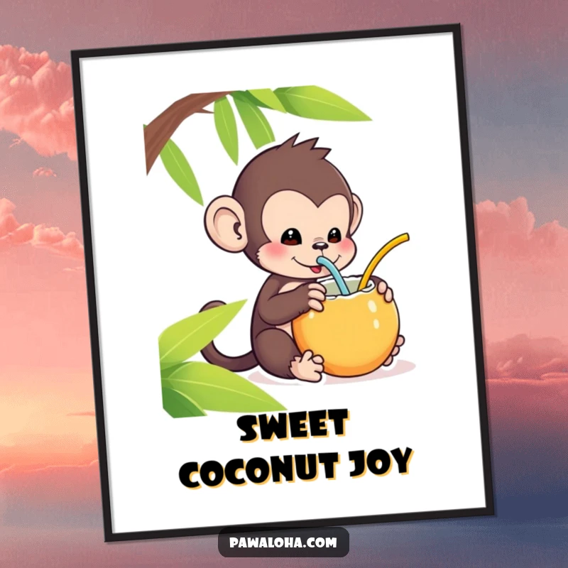 Funny Kawaii Monkey Digital Art: Adorable monkey sipping from a coconut with a straw, a funny printable art for tropical decor.