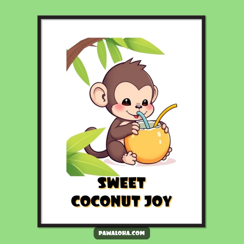 Funny Kawaii Monkey Digital Art: Coconut Sipping Print - Instant Download Gift