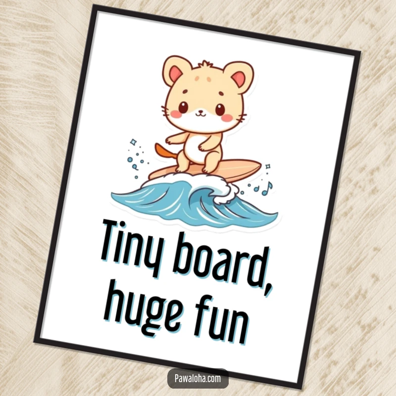 Funny animal character surfing a small wave on a tiny surfboard as digital art. Captures the joy of the ocean.