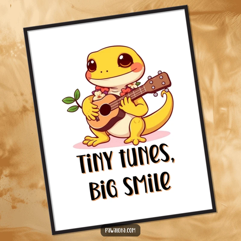 Funny digital art print of a kawaii gecko wearing a lei, happily playing a tiny ukulele, radiating tropical joy.