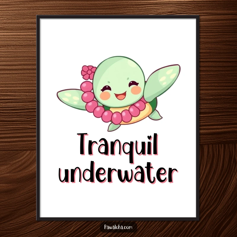 Funny sea turtle wearing a lei, swimming joyfully, as a downloadable digital art print, perfect for adding instant oceanic happiness to any room.