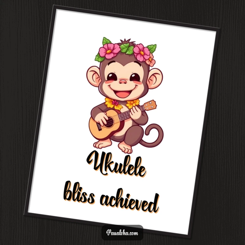 Funny digital art print of a happy monkey in a lei playing a ukulele, adding tropical humor.