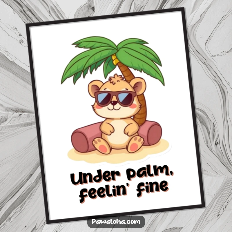 Funny animal wearing sunglasses, relaxing under a palm tree as digital art. Captures a serene and cool vacation mood.