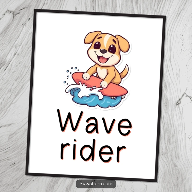 Funny surfing dog digital art print of a character riding a wave with a big grin, offering humorous beach decor. Great gift.