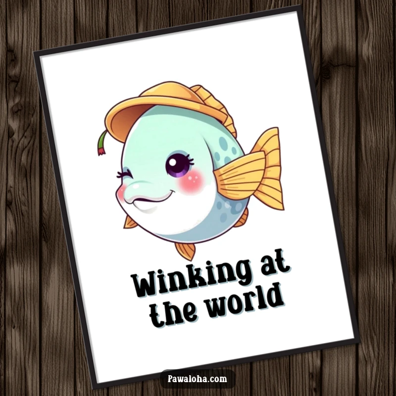 Funny vibrant fish character digital art print winking while wearing a tiny coconut hat, ideal for tropical decor.
