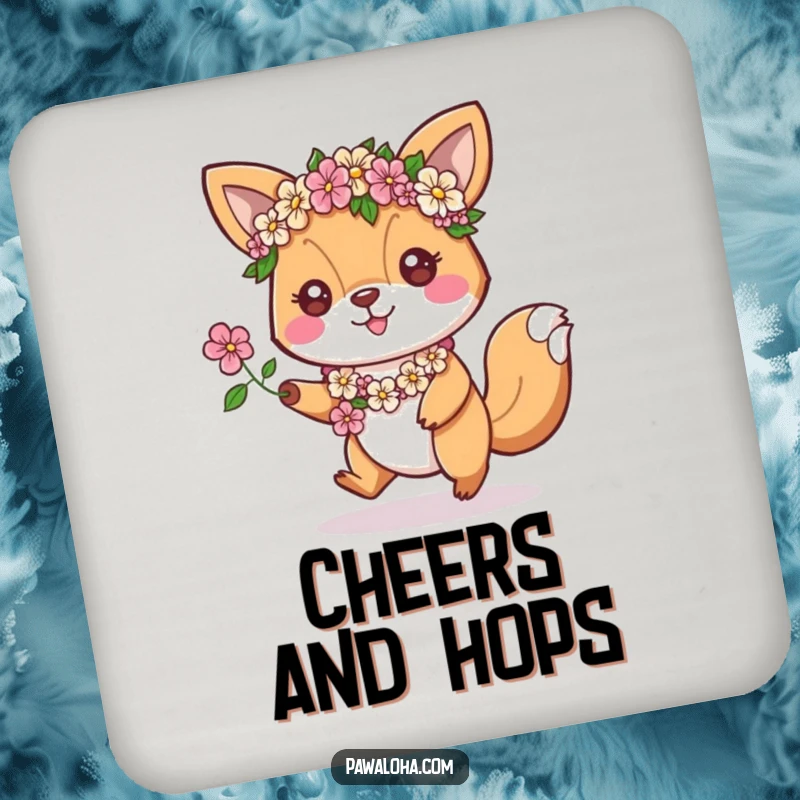 Funny Coaster: An animal character with floral leis hops enthusiastically, bringing energetic humor to your drink setup.