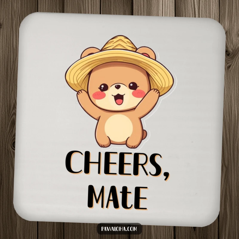 Funny drink coaster with a delighted bear character wearing a straw hat, designed for surface protection and charm.