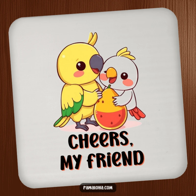 Funny Kawaii Parrot Coaster: Cute colorful parrot sharing fruit, a funny drink coaster with a message of kindness.