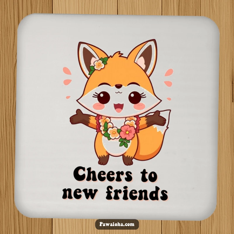 Funny fox character wearing a lei, greeting openly with arms, adorning these humorous and protective drink coasters.